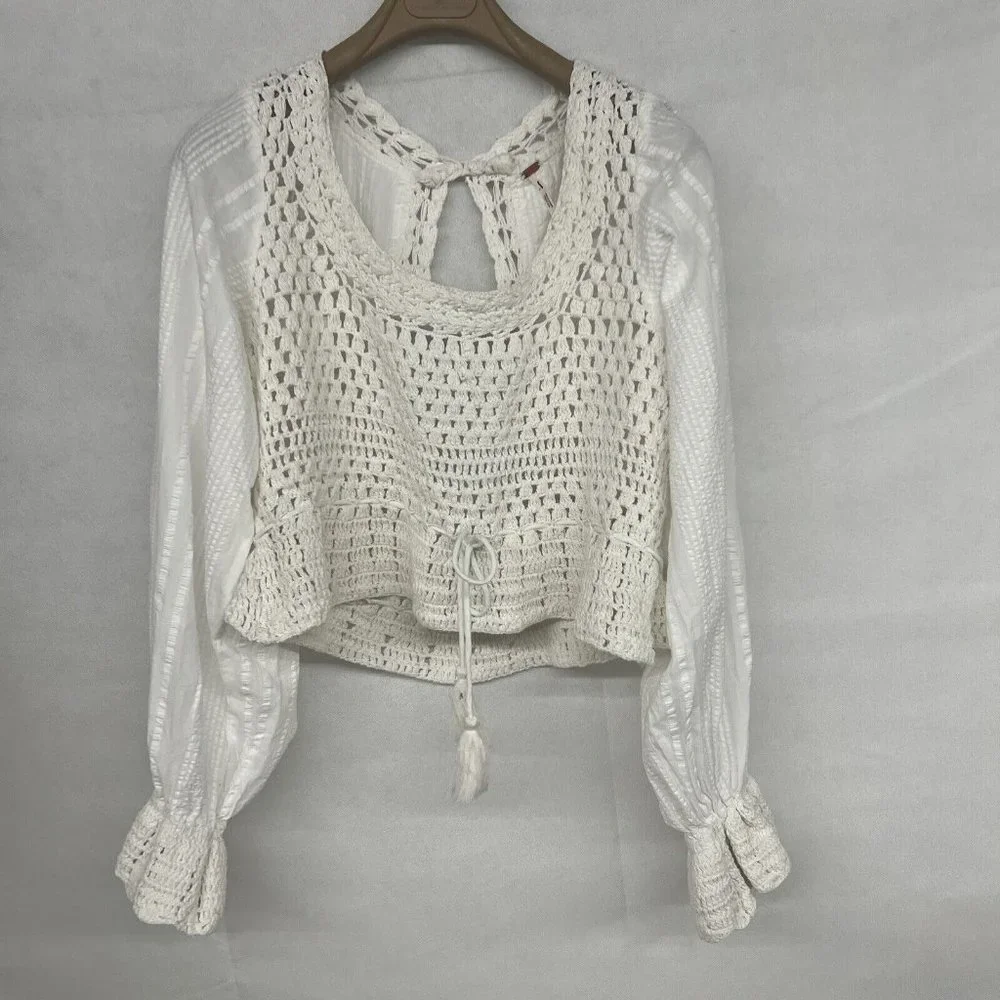 new sz Large L FREE PEOPLE MEGAN CROCHET TOP IVORY WHITE VICTORIAN OPEN BACK